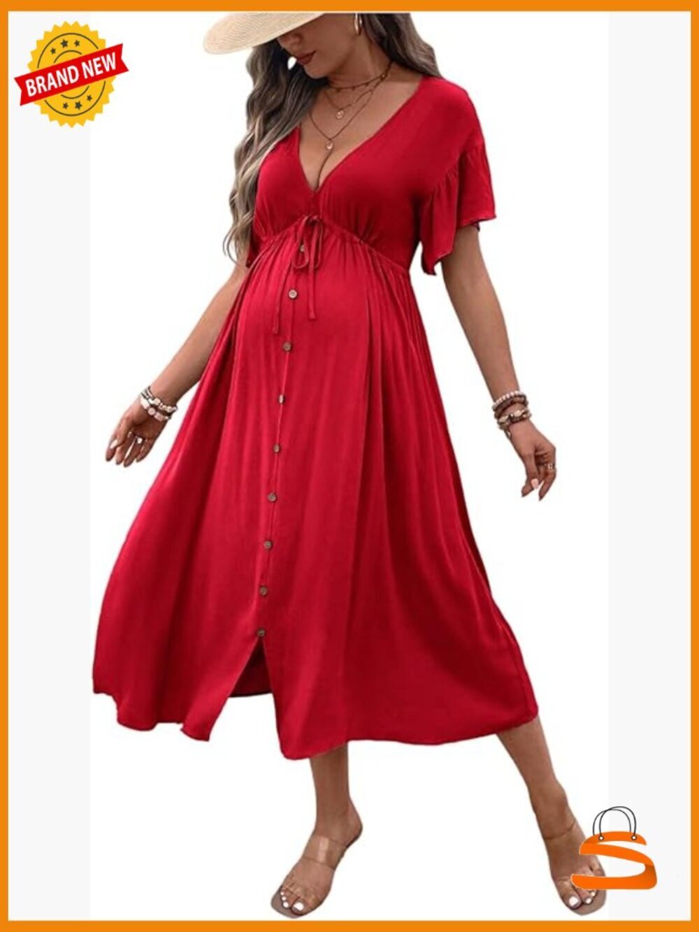 Maternity Drawstring Midi Dress V Neck Ruffle Short Sleeve Flowy Dress